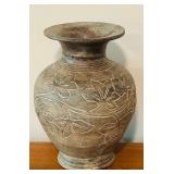 LL - Antique Style 13-Inch Carved Pottery Vase with Floral Motif
