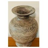 LL - Antique Style 13-Inch Carved Pottery Vase with Floral Motif