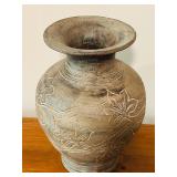 LL - Antique Style 13-Inch Carved Pottery Vase with Floral Motif