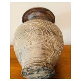 LL - Antique Style 13-Inch Carved Pottery Vase with Floral Motif