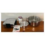 LL - Kitchen Appliance and Cookware Set Including VillaWare Waffler, Krups Grinder, Stock Pot, Steamer Basket, and Pyrex Bake Dish