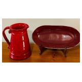 LL - Red Ceramic Pitcher and Oval Platter Set