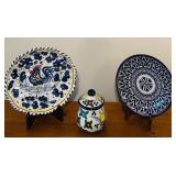 LL - Set of 3 Hand-Painted Mexican Pottery Pieces - 10 inch Plates and Lidded Jar