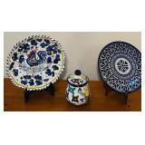 LL - Set of 3 Hand-Painted Mexican Pottery Pieces - 10 inch Plates and Lidded Jar