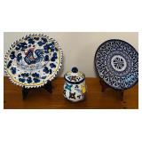 LL - Set of 3 Hand-Painted Mexican Pottery Pieces - 10 inch Plates and Lidded Jar