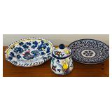 LL - Set of 3 Hand-Painted Mexican Pottery Pieces - 10 inch Plates and Lidded Jar