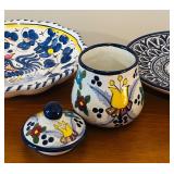 LL - Set of 3 Hand-Painted Mexican Pottery Pieces - 10 inch Plates and Lidded Jar