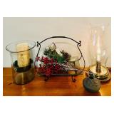 LL - Decorative Tabletop Set with 18-Inch Glass Candle Holder, Brass Lamp, Tray with Holiday Arrangement, and Pottery Vase