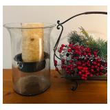 LL - Decorative Tabletop Set with 18-Inch Glass Candle Holder, Brass Lamp, Tray with Holiday Arrangement, and Pottery Vase