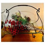 LL - Decorative Tabletop Set with 18-Inch Glass Candle Holder, Brass Lamp, Tray with Holiday Arrangement, and Pottery Vase