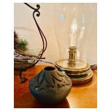 LL - Decorative Tabletop Set with 18-Inch Glass Candle Holder, Brass Lamp, Tray with Holiday Arrangement, and Pottery Vase