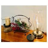 LL - Decorative Tabletop Set with 18-Inch Glass Candle Holder, Brass Lamp, Tray with Holiday Arrangement, and Pottery Vase