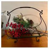 LL - Decorative Tabletop Set with 18-Inch Glass Candle Holder, Brass Lamp, Tray with Holiday Arrangement, and Pottery Vase