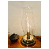 LL - Decorative Tabletop Set with 18-Inch Glass Candle Holder, Brass Lamp, Tray with Holiday Arrangement, and Pottery Vase