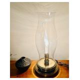 LL - Decorative Tabletop Set with 18-Inch Glass Candle Holder, Brass Lamp, Tray with Holiday Arrangement, and Pottery Vase
