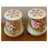 LL - Two Sets of Salt and Pepper Shakers - 2 Vintage Porcelain Floral and 2 Glass with Metal Tops