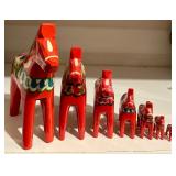 LL - Set of 7 Swedish Red Dala Horses Hand Painted Wooden Figures