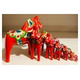LL - Set of 7 Swedish Red Dala Horses Hand Painted Wooden Figures
