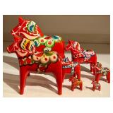 LL - Set of 7 Swedish Red Dala Horses Hand Painted Wooden Figures