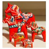 LL - Set of 7 Swedish Red Dala Horses Hand Painted Wooden Figures