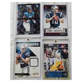 Jimmy Garoppolo Rookie 2014 Panini Rookies and Stars, Jared Goff Rookie 2016 Panini Prestige, Biran Thomas Jr. Rookie 2024 Panini Prizmatic, Andrew Luck 2014 Panini Absolute Star Gazing Patch