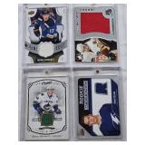Jay Bouwmeester In The Game Heroes and Prospects Patch, Ross Colton 2021-22 Upper Deck Series 2 Rookie Threads Patch, Jaden Schwartz 2018-2019 Upper Deck UD Game Jersey Patch, Hunter Shinkaruk 2015-16