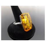 .925 Sterling Silver Amber Ring Size 10.75
