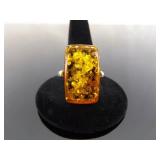 .925 Sterling Silver Amber Ring Size 10.75