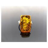 .925 Sterling Silver Amber Ring Size 10.75