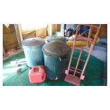 2 Wheeled Cart, 3- Trash Cans, Gas Can and Gutter Parts