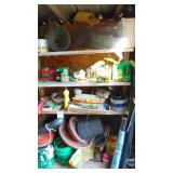 Contents of Gardening Shelf, Hand Tools, Weed Block, Chicken Wire and More