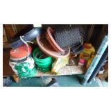 Contents of Gardening Shelf, Hand Tools, Weed Block, Chicken Wire and More