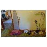2-Adjuslable Lamps, 1 Floor Lamp, 1 Desk Lamp, Ironing Board and Linens