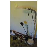 2-Adjuslable Lamps, 1 Floor Lamp, 1 Desk Lamp, Ironing Board and Linens