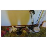 2-Adjuslable Lamps, 1 Floor Lamp, 1 Desk Lamp, Ironing Board and Linens