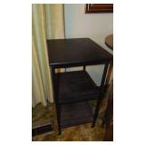 Vintage Rd Table 24"Rd x 29", Vintage Magazine Rack and Newer 3 Shelf Table 14" x 16" x 29"