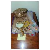 Silverplate Jewelry Box, Gold Angel Hand Mirror and Misc Jewelry