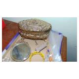 Silverplate Jewelry Box, Gold Angel Hand Mirror and Misc Jewelry