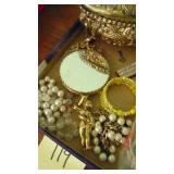 Silverplate Jewelry Box, Gold Angel Hand Mirror and Misc Jewelry