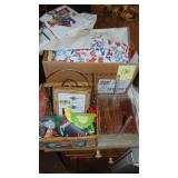 Box of Kitchen Towels, Some New, Napkin Holder, Magnets and Misc