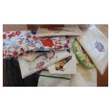 Box of Kitchen Towels, Some New, Napkin Holder, Magnets and Misc
