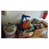 3 Boxes of Missc Items, Electrical, Tools, Weather Stripping for Windows and Wood Shelf