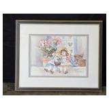 Framed Barbara Mock 1986 Print Rag Dolls and Flowers 17x22