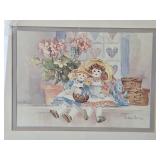 Framed Barbara Mock 1986 Print Rag Dolls and Flowers 17x22