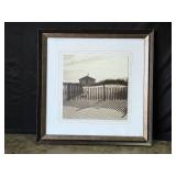 Framed Black and White Art Print of Cottage with Dune Fence 28x28 Inch