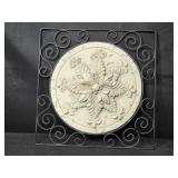 Decorative Metal Wall Plaque with Ornate Floral Medallion and Display Stand