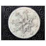 Decorative Metal Wall Plaque with Ornate Floral Medallion and Display Stand