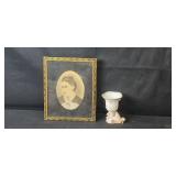 Vintage Framed Portrait and Porcelain Hand Vase Set