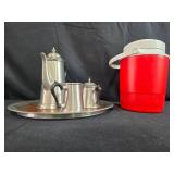 Metal Tea Set with Wood Trimmed Tray and Red Plastic Thermos