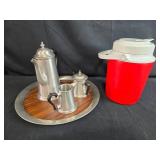 Metal Tea Set with Wood Trimmed Tray and Red Plastic Thermos